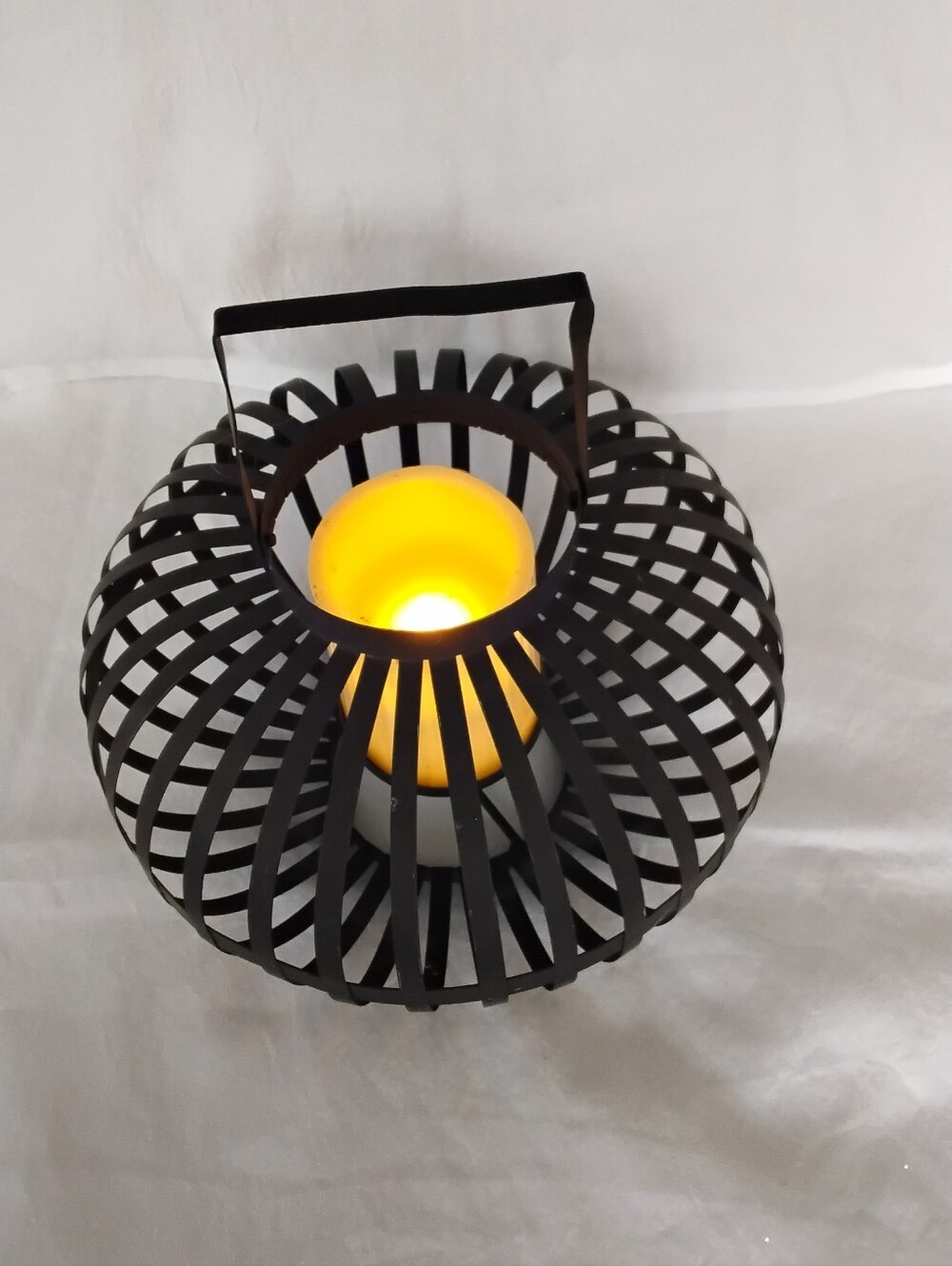 Brown Slatted Round Metal Candle Lantern - Flat Top Handle